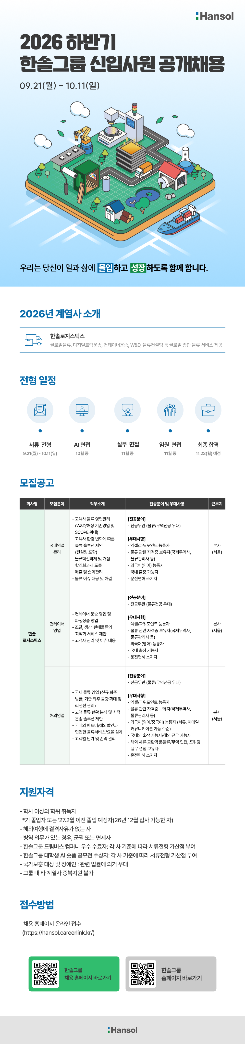 한솔로지스틱스 한솔그룹 2026년 하반기 신입사원 공개채용 공고 이미지